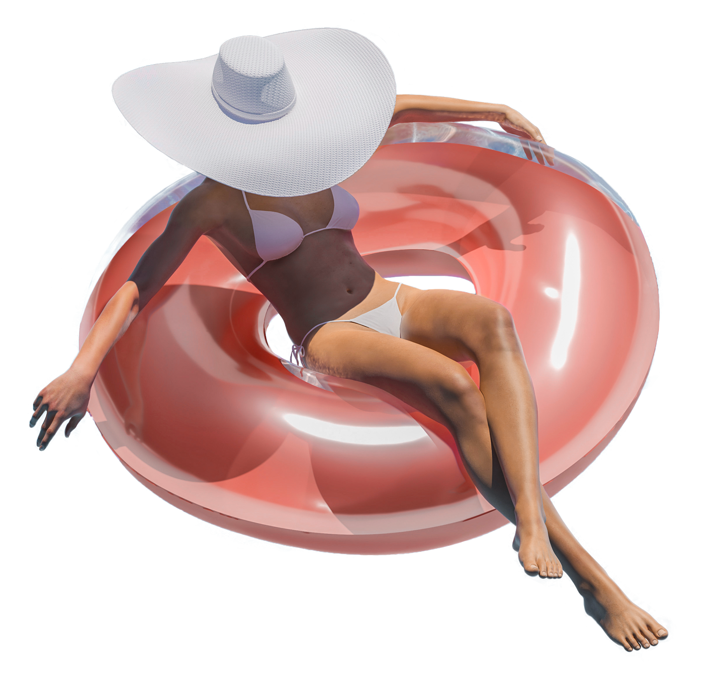 junge Frau auf einer Boje ruht sich in einem Bluefino-Pool aus